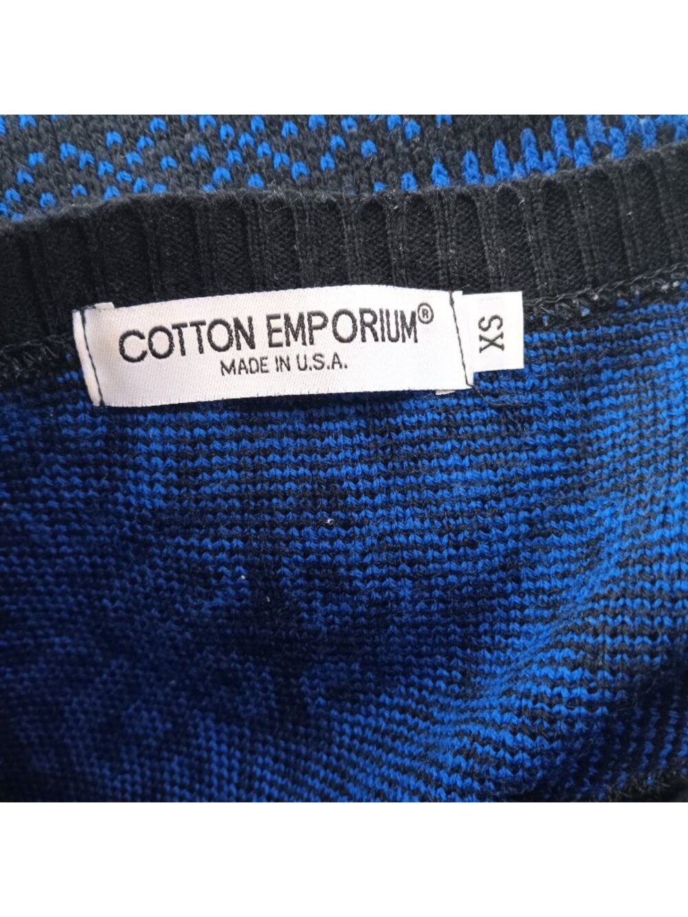 Emporium Cropped Sweater XS  Blue & Black Cotton Nordic Pattern Knit Pullover